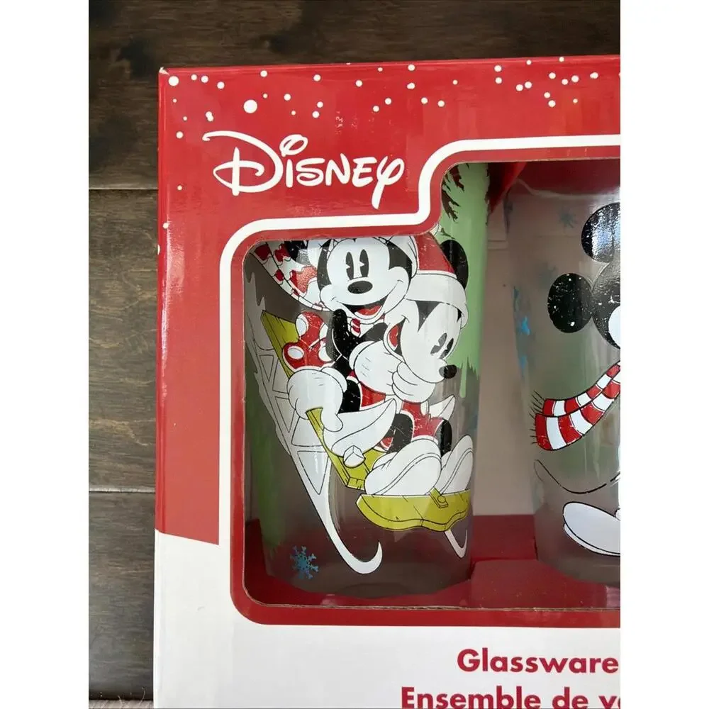 Disney‎ Mickey & Minnie Mouse Christmas Glassware Set of 2 Pint 16 ounce